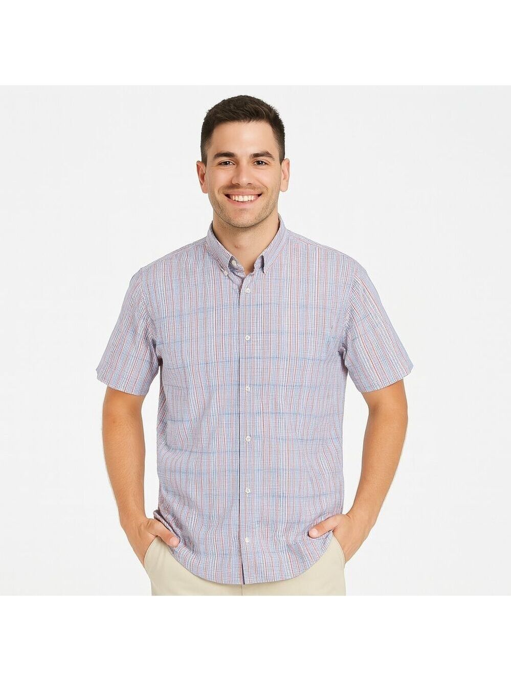 Nick Graham Micro Plaid Shirt Red Blue White Size XL Short Sleeve Button Down